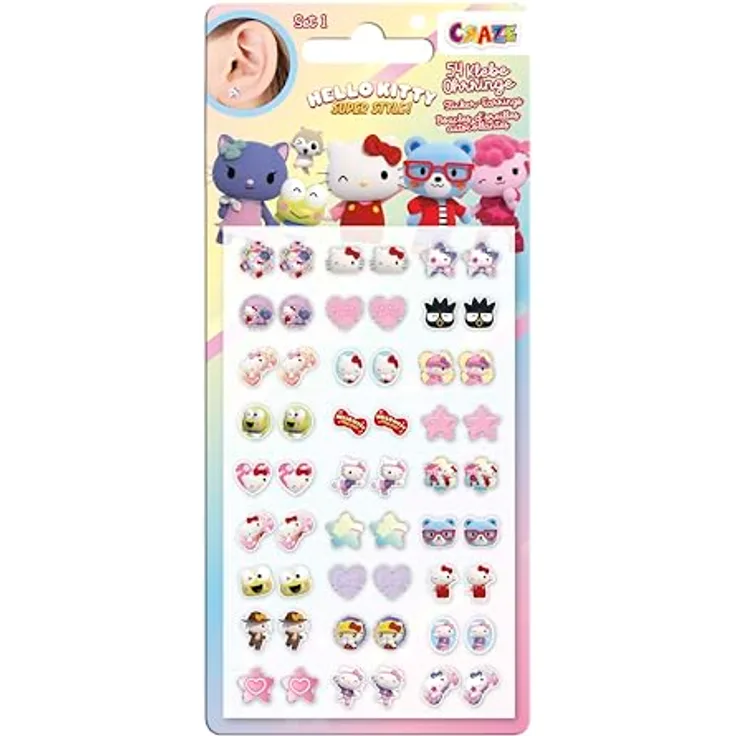 CRAZE STICKER EARRINGS Hello Kitty, Klebeohrringe für Mädchen mit 27 Paar bunten Motiven, ideal als Kinderschmuck oder Party-Mitbringsel