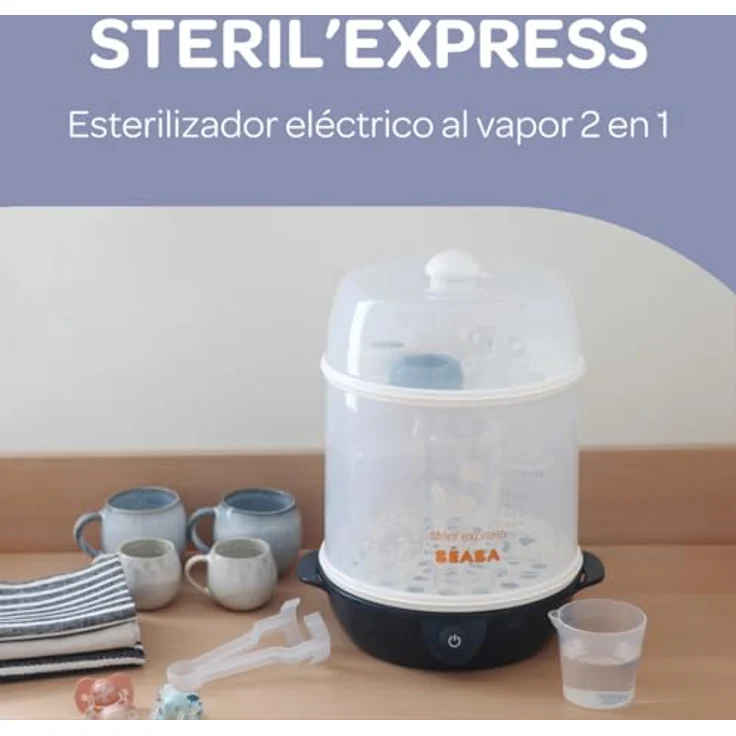 BÉABA, 2-in-1-Flaschensterilisator, Skalierbar, Elektrisch mit Dampf, 2 in 1, 2 Fächer, Bis zu 8 Flaschen & Zubehör, Ultra schnell, Zeitschaltuhr, Steril'Express, Night Blue – Bild 3