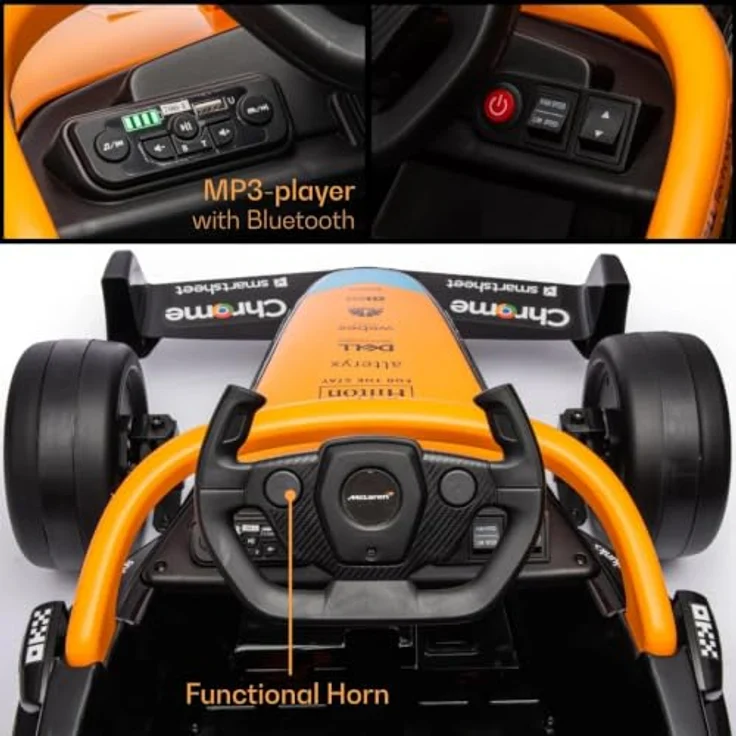Vrooomy McLaren Formel 1 Elektro-Kinderfahrzeug, 12V mit Fernbedienung, für 1 bis 5 Jahre, orange, MP3-Player, Soft-Start-Funktion, 30 kg Tragfähigkeit – Bild 5