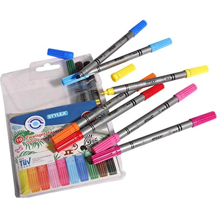 Stylex Schreibwaren Faserstift 10 Stylex Zweispitzfasermaler Filzstifte Fasermaler, 10 verschiedene Farben – Bild 3