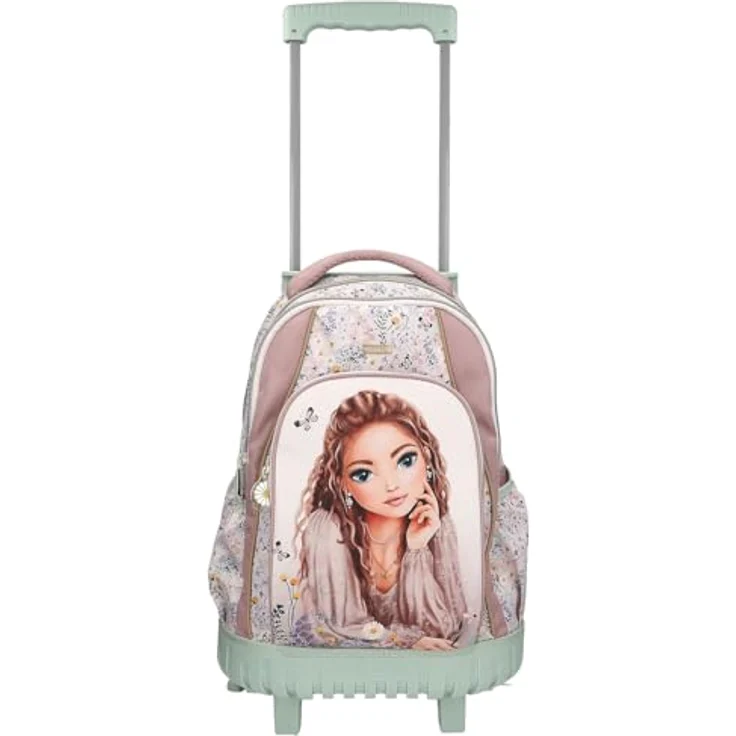 Depesche 13305 TOPModel Summer Feeling, Schulrucksack Trolley in Rosa und Salbeigrün, mit Model Motiv und Blumen Muster, 3 Fächer, Teleskopgriff und Rollen – Bild 4