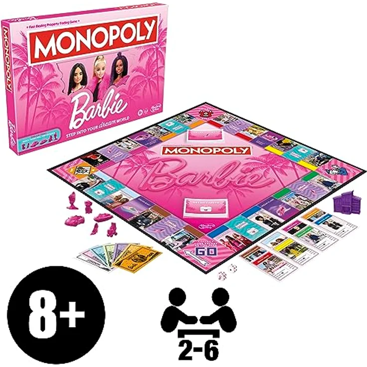 Monopoly Barbie Edition Brettspiel - Deutsche Fassung, 6 pinkfarbene Zinkspielfiguren, Traumhäuser und Traumkarriere-Karten – Bild 2