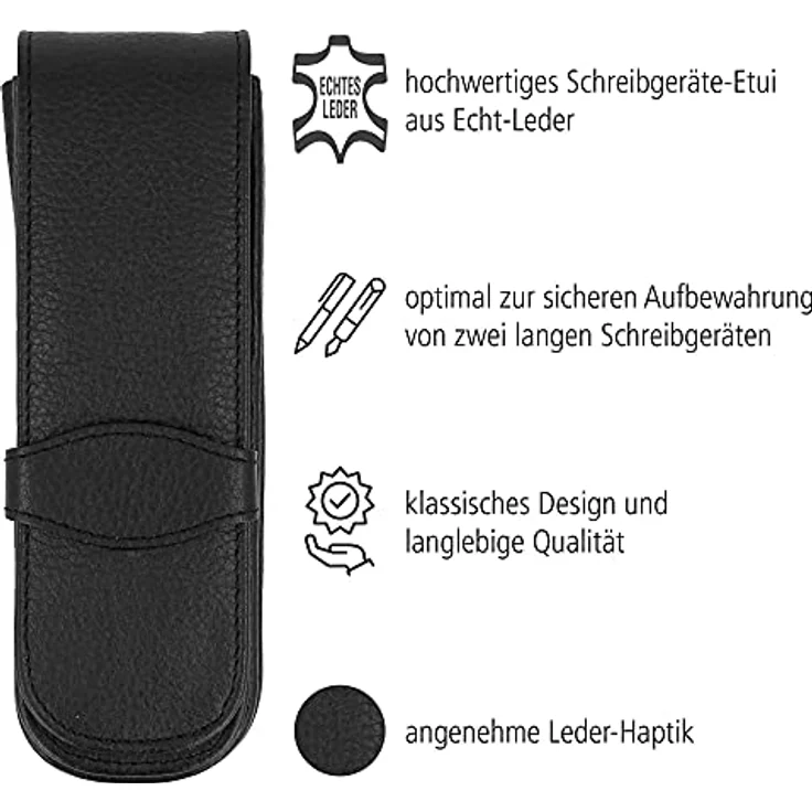 Online Lederetui Classic für 2 Schreibgeräte in Schwarz - Echtleder mit Stecklasche & 2 Fächern - Kugelschreiber-Etui, Füller-Etui, Schreib-Etui 14,5x 4,5x 2,5 cm – Bild 2