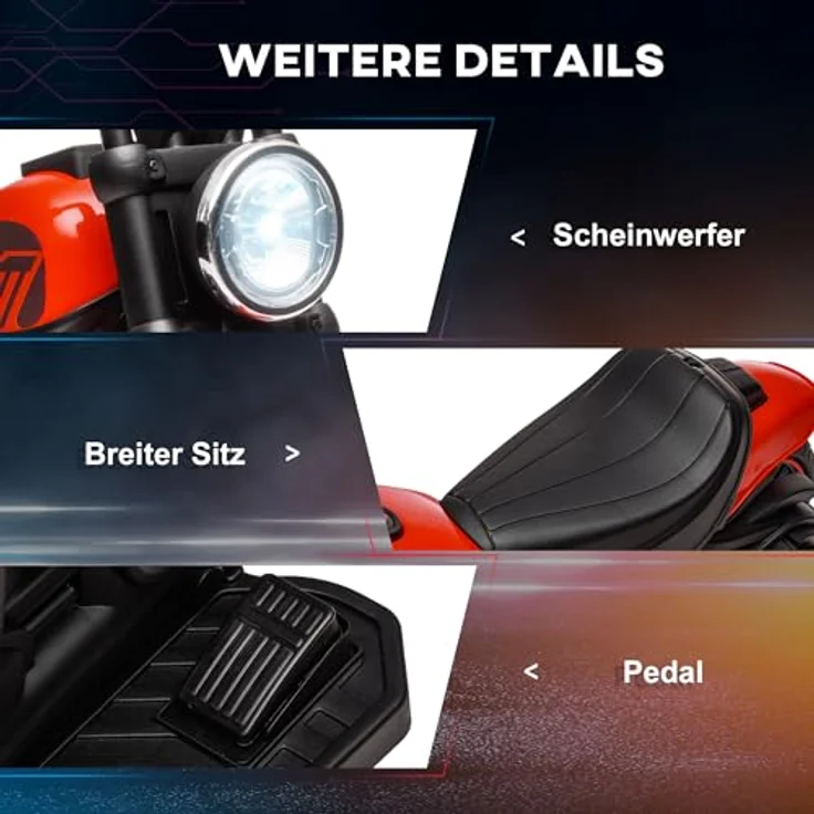 HOMCOM Elektro-Kindermotorrad 18-36 Monate, mit Stützrädern und Scheinwerfer, Belastbarkeit 25 kg, 3 km/h, Rot – Bild 7