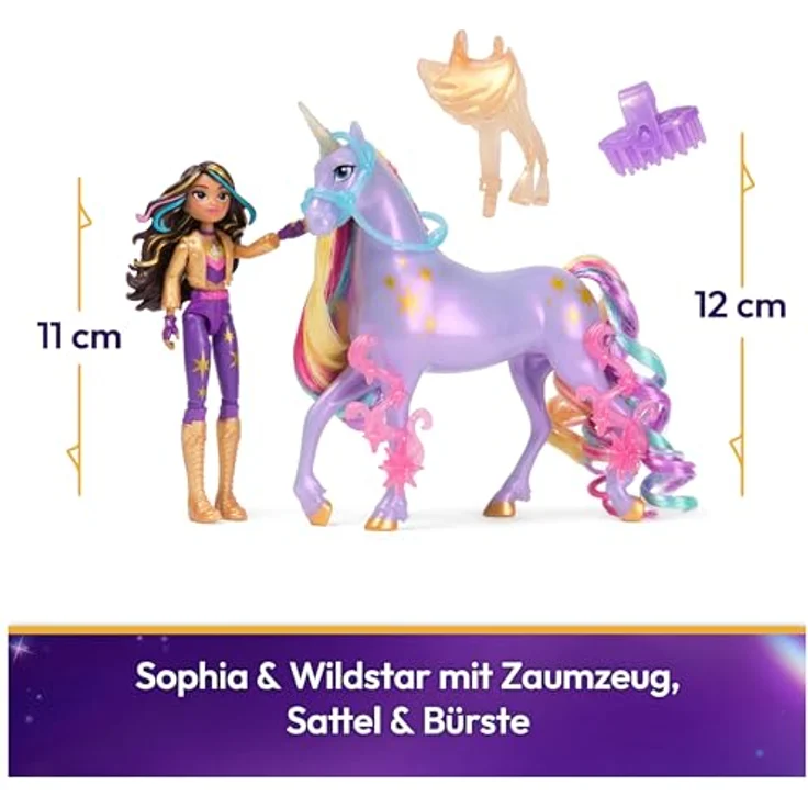 Spin Master Anziehpuppe Unicorn Academy - Sophia & Einhorn Wildstar, 12 cm große bewegliche Figuren mit echter Mähne und abnehmbarem Sattel – Bild 2