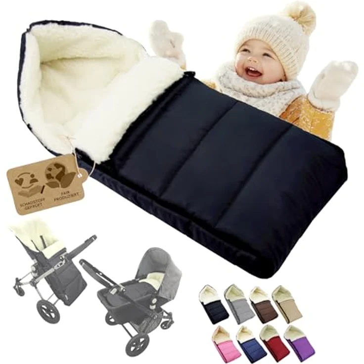 BAMBINIWELT Fußsack LAMMWOLLE Winterfußsack Kinderwagen Buggy Babyschale Babyfußsack waschbar 108cm LINIERT (schwarz) – Bild 2