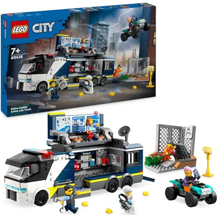 LEGO City Polizeitruck mit Labor, Polizei-Set mit Quad und LKW-Spielzeug für Kinder, Geschenk für Jungs und Mädchen ab 7 Jahre, plus 5 Minifiguren – 2 Polizisten, 1 Wissenschaftler und 2 Ganoven 60418