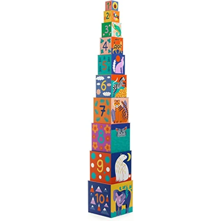 DJECO Stapelspielzeug Stapelturm Wilde Tiere, 10 Würfel aus stabilem Karton, Lernspiel für Kinder ab 12 Monaten, 13 x 13 x 13 cm – Bild 3