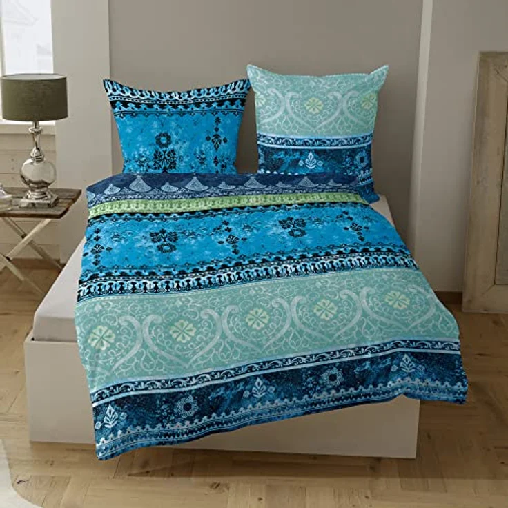Casatex Bettwäsche Indi Biber blau-türkis mit Ornamenten und Marken-Reißverschluss – Bild 2