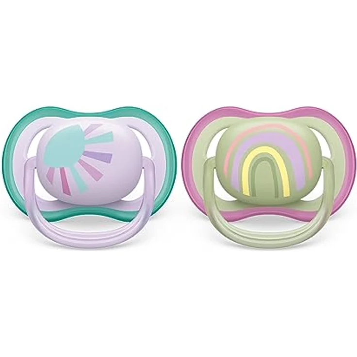 Philips Avent ultra air Schnuller - 2er Pack, BPA-freier, atmungsaktiver Schnuller für Babys von 0-6 Monaten, inklusive Transport- und Sterilisationsbox, Sonne/Regenbogen (Modell SCF085/59) – Bild 1