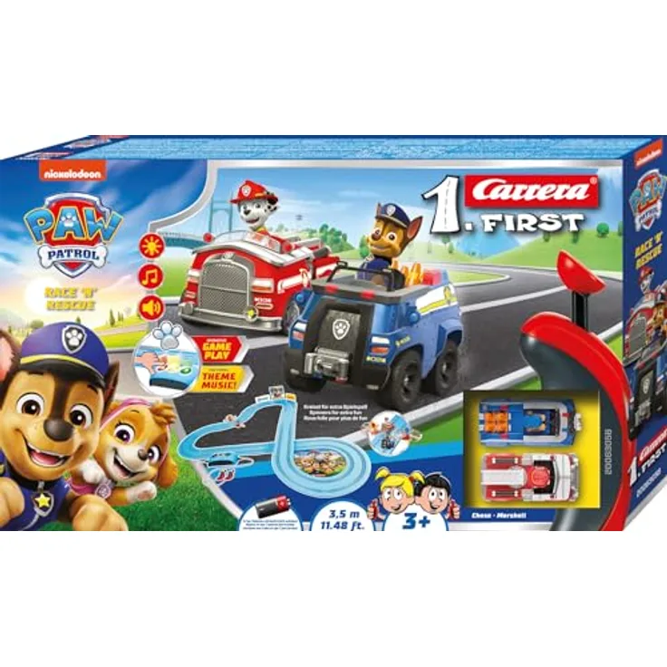 Carrera First PAW Patrol, Race 'N' Rescue Rennbahn, 3,5 Meter mit Licht-, Sound- & Musikeffekten, interaktive Funktionen