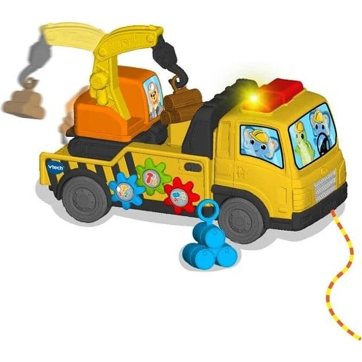 VTech Building Buddies Truck SE/FI, interaktives Baustellen-Lkw-Spielzeug mit abnehmbarem Kran, blinkendem Warnlicht und 2 Mitsing-Liedern, zweisprachig, für Kinder ab 12 Monaten