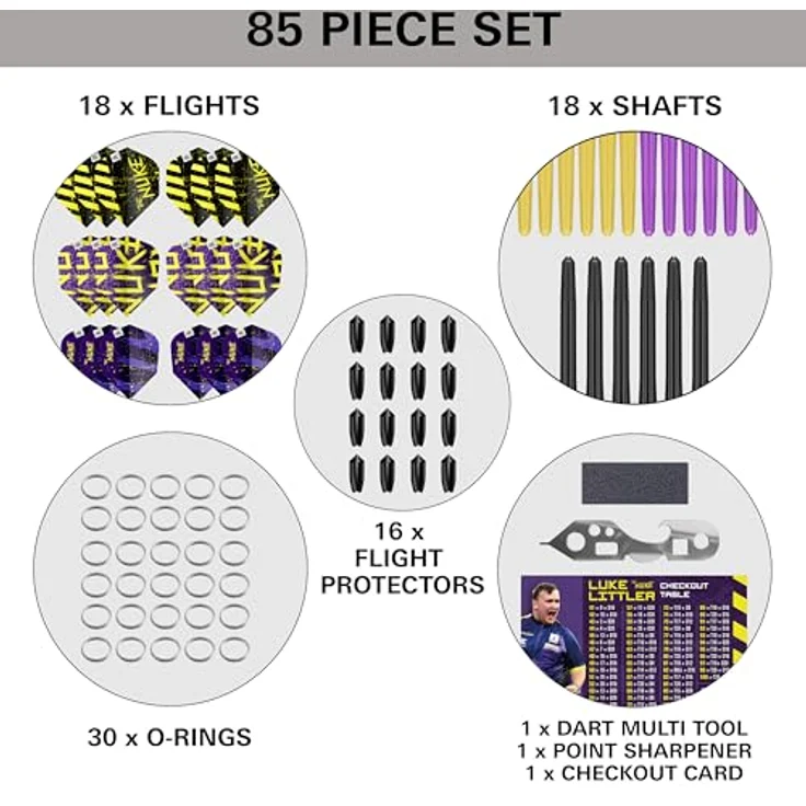 Target Darts Luke Littler Dart Accessories Set, 85-teilig mit Dart-Flügen in verschiedenen Farben, Pro Grip Schäfte, Multifunktionswerkzeug und Dartspitzenschärfer für Stahlspitzen – Bild 5
