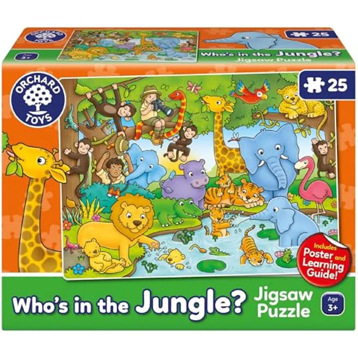 Orchard Toys Who's in The Jungle? Puzzle, 25-teiliges Dschungel-Puzzle für Kinder ab 3 Jahren, inkl. Poster und Lernanleitung