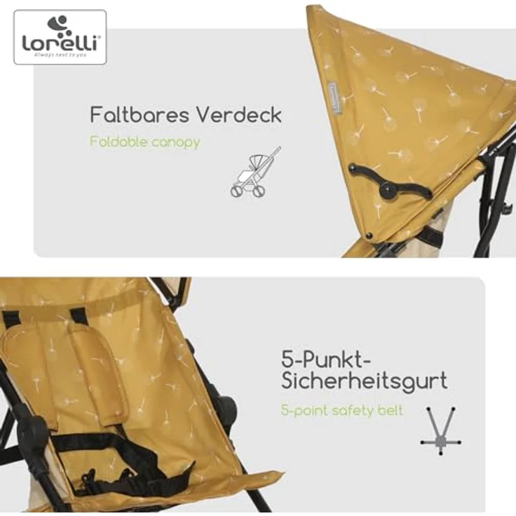 Lorelli Ultra Leichter Buggy Kinderwagen Vaya - Gelb, nur 4,7kg, Kompakter Sportsitz bis 15kg, 5-Punkt-Gurt, faltbares Verdeck, ergonomische Griffe – Bild 3
