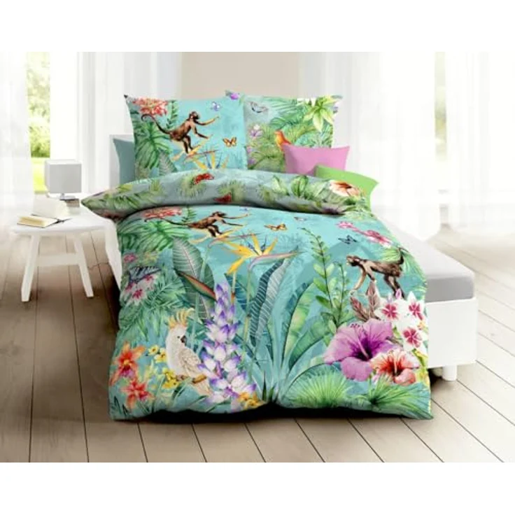 JACK Mako Satin 4tlg. Äffchen Dschungel Kakadu Schmetterling Bunt Urwald, 135x200cm Kinderbettwäsche – Bild 2
