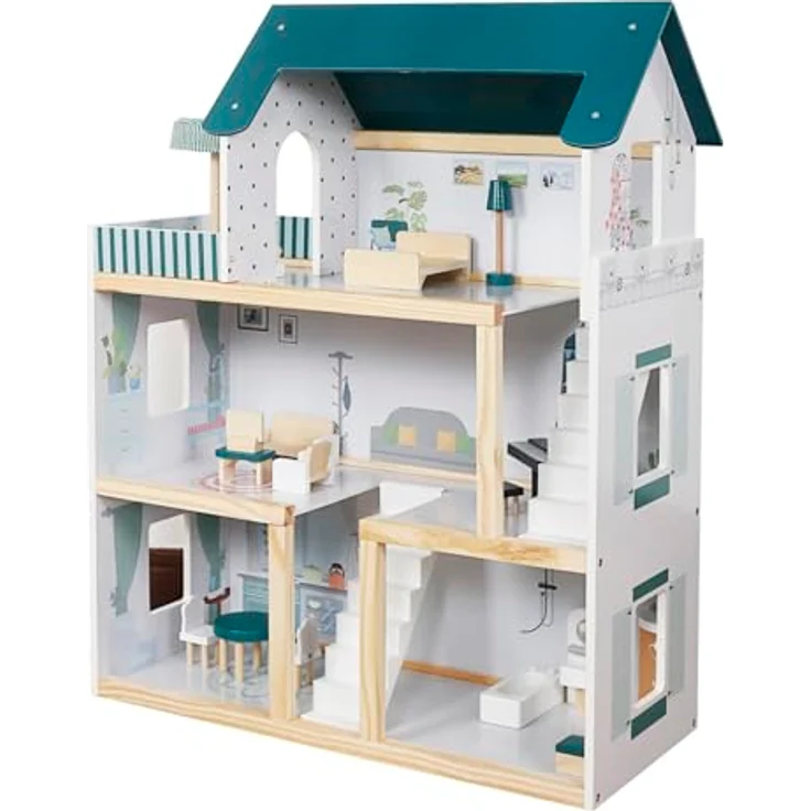 TikTakToo Großes Puppenhaus XXL Traumhaus Set aus Holz 17 TLG. für Kinder Puppenvilla 62x26,5x77, Fantasievolles Design, liebevoll ausgestattet – Bild 3