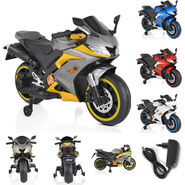 Moni Kinder Elektromotorrad Motocross MP3-Funktion Bluetooth Stützräder Lichter grau, bis 30 kg, 6 km/h, 40 Minuten Fahrzeit