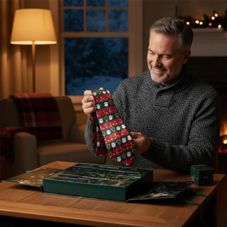 ISO TRADE Adventskalender für Männer 2025, 24 Überraschungen in edler Grün-Gold Geschenkbox mit LED-Deko und QR-Code, wiederverwendbare Verpackung – Bild 2