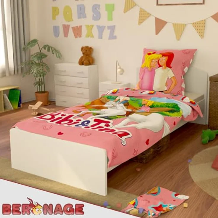 BERONAGE Bibi und Tina Kinderbettwäsche Herz - 135 x 200 cm + 80 x 80 cm – 100% Baumwolle Renforcé-Linon – Bettwäsche mit Motiven von Amadeus & Sabrina - Reiten - Reißverschluss, deutsche Größe - Bezaubernde Pferde-Bettwäsche in Linon-Qualität – Bild 5