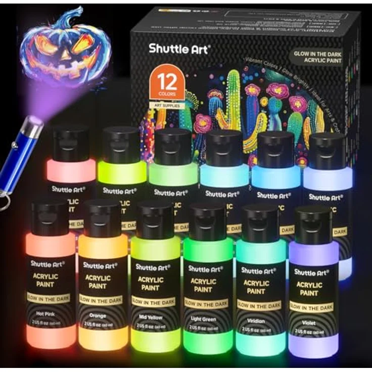 Shuttle Art Fluoreszierende Farbe Set, 12×60ml nachtleuchtende Acrylfarben für Malen und Basteln, Glow in the Dark mit UV-Taschenlampe, ideal für Stein, Holz und Schwarzlicht-Effekte – Bild 1