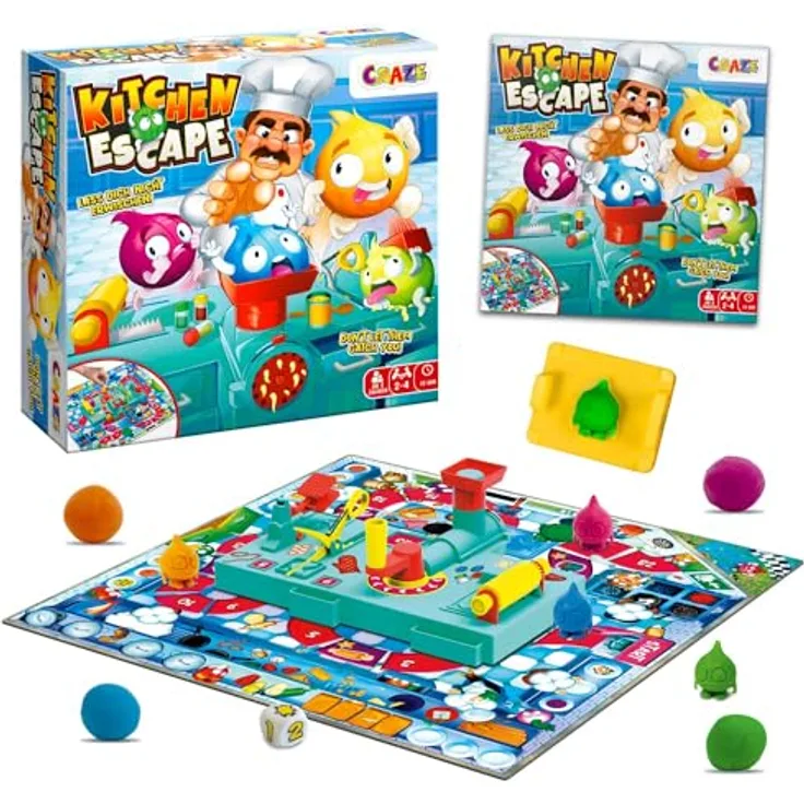 Craze Kitchen Escape, Brettspiel mit Gemüsefiguren aus Knete und Fallen auf dem Spielbrett