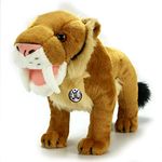 Kuscheltiere.biz Säbelzahntiger Kuscheltier Smilodon Säbelzahnkatze Urzeit Plüschtier Milo - Hochwertiges Polyesterplüsch, kuschlig weich, realistisches Design - grau