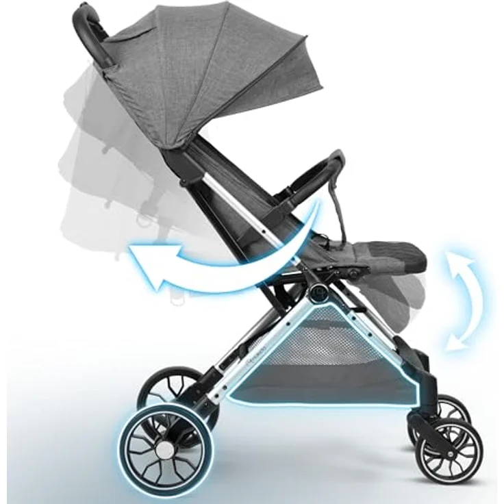 Nukido Buggy Kinderwagen, zusammenklappbar mit großen 360°-Rädern, verstellbare Rückenlehne, bis 15 kg, dunkelgrau – Bild 3