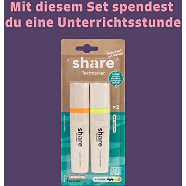 share by edding EcoLine Textmarker 2er Set – Textmarker Set spendet eine Unterrichtsstunde für ein Schulkind – nachfüllbare Eco Marker Stifte – gelb/orange – Bild 2