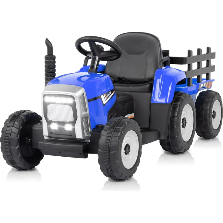 FCH Elektrotraktor 12V 7Ah mit abnehmbarem Anhänger, 2,4G Fernbedienung, LED Lichtern, Musik & USB-Funktionen, Blau