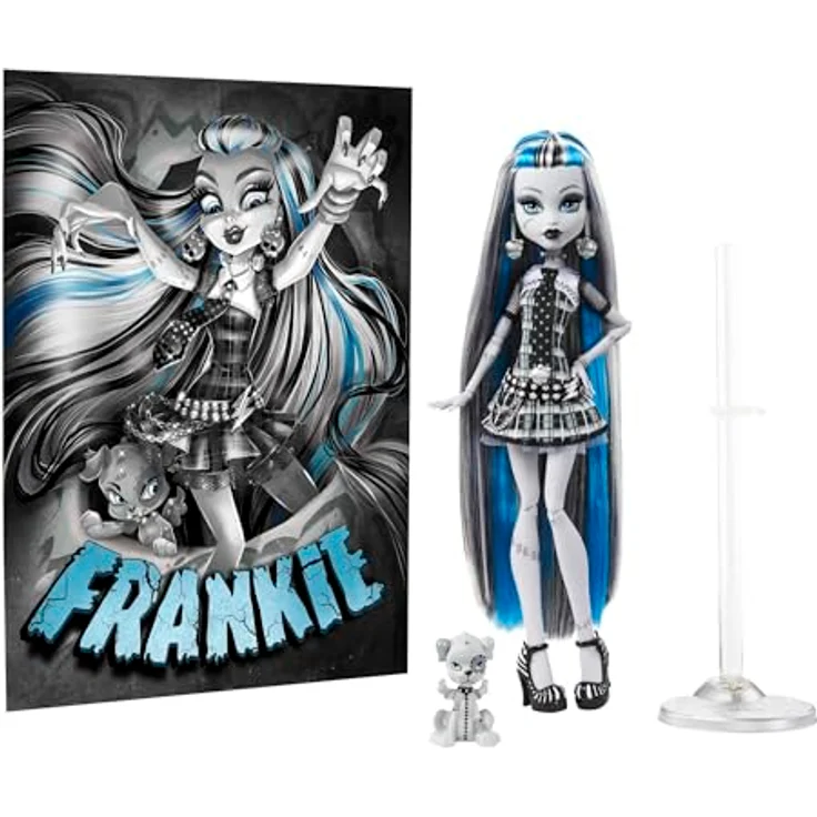 Mattel® Monster High Reel Drama Frankie Stein Anziehpuppe, schwarz-weiß, beweglich mit Hund Watzie und Filmpostern – Bild 5