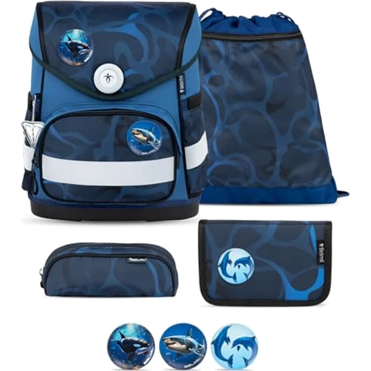 Belmil Schulranzen "Compact mit Patch" 2026, 4-tlg. Set mit Magnetschloss, 19 Liter Volumen, für Jungen, Wassertiere, ergonomisch und leicht – Bild 1