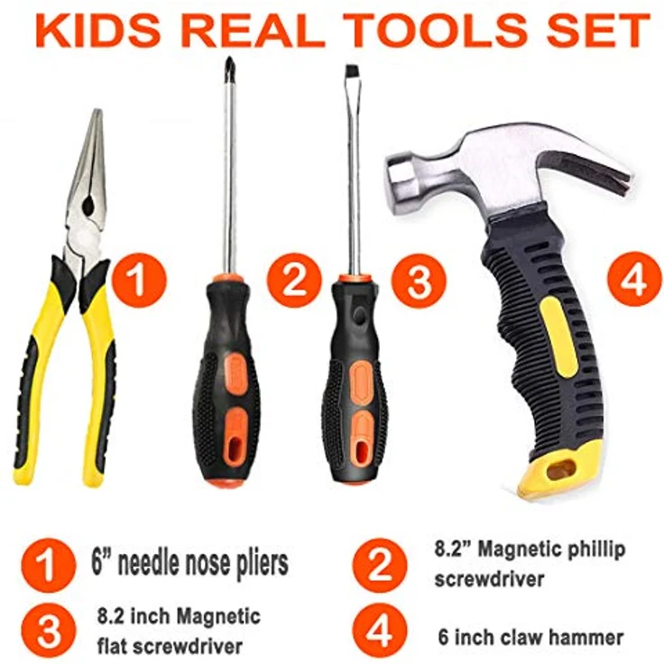 QeeHeng Kinder-Werkzeug-Set, 25-teiliges echtes Handwerkzeug für junge Bauarbeiter, inkl. Gürtel und Hammer, ideal für Anfänger und DIY-Projekte, mit Sicherheitsbrille und Werkzeugtasche – Bild 3