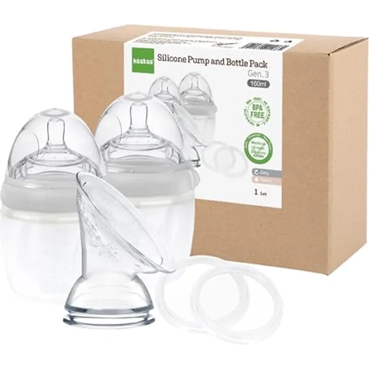 haakaa Generation 3 Silikon Milchpumpe und Flasche Pack grau, 386 g - Handmilchpumpe mit natürlicher Saugkraft, BPA-frei