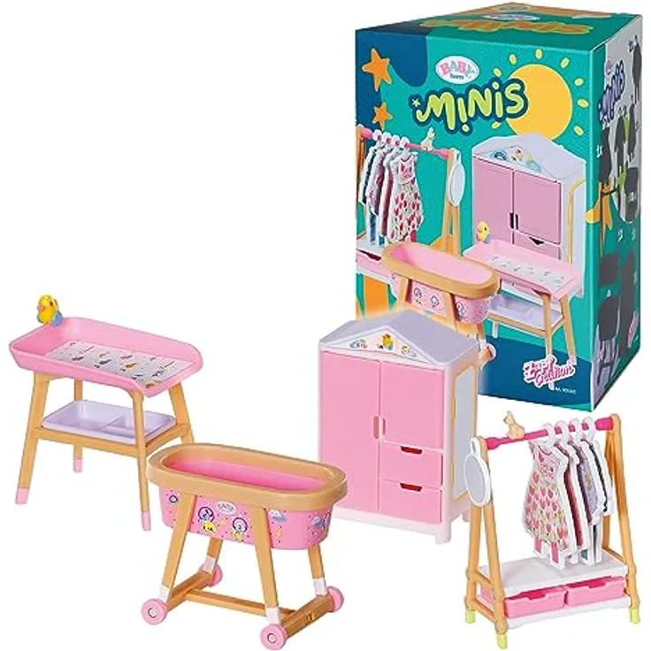 BABY born, Spielset für BABY born Minis, BABY born Minis - Playset Furniture, Möbelset mit Kleiderschrank, Kleiderstange, Stubenwagen, Wickeltisch und 4 Kleidersets, 906163, Zapf Creation