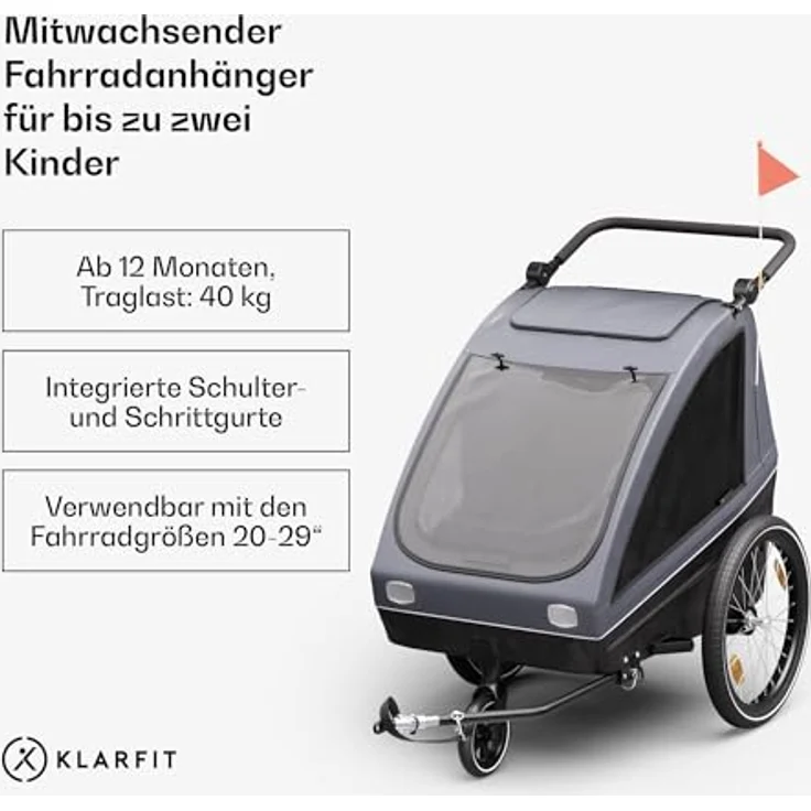 KLARFIT Fahrradkinderanhänger GoKiddo, Wetterfest, klappbar, Stahl, 20-29 Zoll – Bild 2
