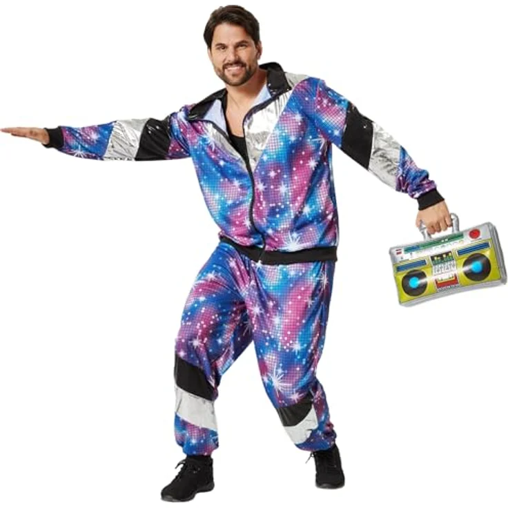 dressforfun Jogginganzug Herren, Retro-Trainingsanzug für Fasching und Karneval, glänzend, blau, Größe L – Bild 1