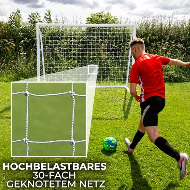 Monster Shop Fußballtor Goal Allwetter PVC Geknotetes Netz 2,4 x 1,8m Leicht zu tragen & aufzubauen Wasserfest mit Klicksystem & 5 Schusslöchern Torwand Trailer & Tasche, Blau – Bild 3