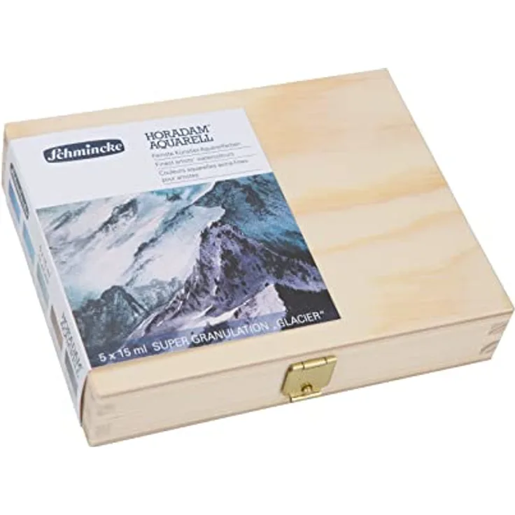 Schmincke HORADAM® AQUARELL Super Granulation Set Gletscher, 5 x 15 ml Tuben mit sehr stark granulierenden Farbtönen in Blau, Türkis, Grün, Braun und Schwarz im Holzkasten