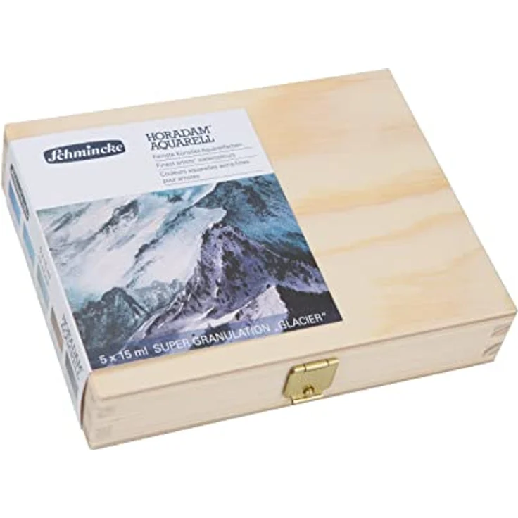 Schmincke HORADAM® AQUARELL Super Granulation Set Gletscher, 5 x 15 ml Tuben mit sehr stark granulierenden Farbtönen in Blau, Türkis, Grün, Braun und Schwarz im Holzkasten – Bild 1