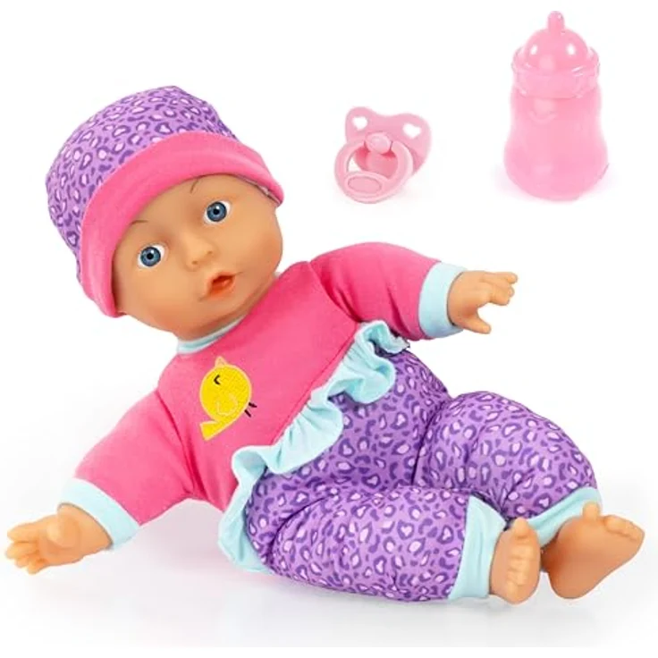 Bayer Babypuppe, 30 cm pink/lila, mit Weichkörper, Schnuller und Flasche (3-tlg) – Bild 1