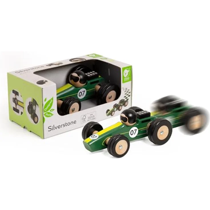 Classic World Wooden Toy Car Silverstone, grünes Holzspielzeug mit Steuerungssystem für motorische Fähigkeiten – Bild 6