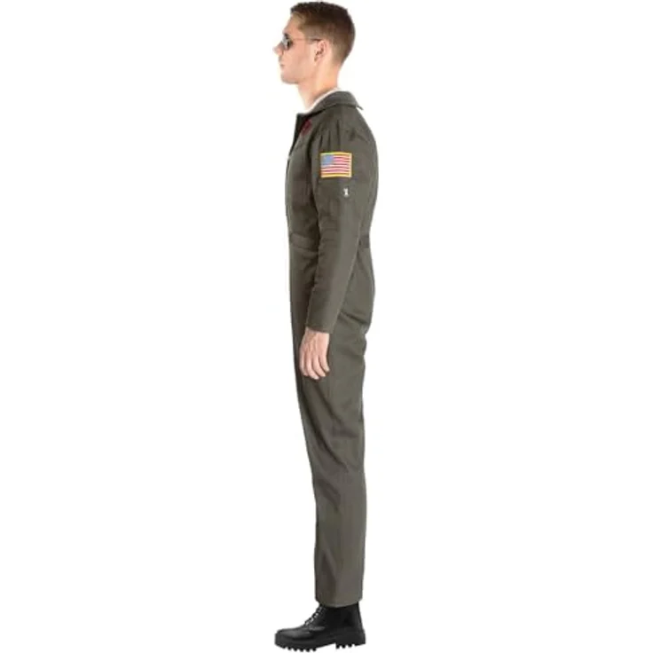 Maskworld Original Top Gun Overall Deluxe, lizenziertes Film-Kostüm für Erwachsene in olivgrün, Größe S-M, mit militärischen Aufnähern und 2-Wege-Reißverschluss – Bild 2