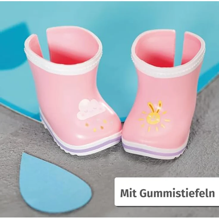 Baby Born Puppenkleidung Deluxe Regen-Outfit 43 cm, Gelb/Rosa, mit Regenmantel, Regenhose und Gumistiefeln – Bild 4