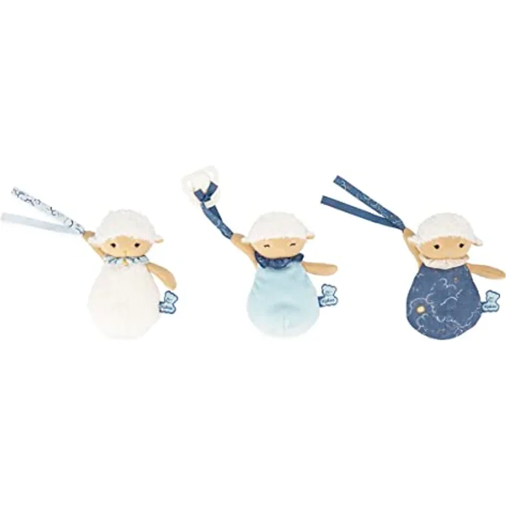 KALOO - Doux Sommeil - 3 Plüsch-Schnullerbänder - 3 Plüschschäfchen - Schnullerhalter für Baby - 15 cm - Blau und Weiß - Ab Geburt, K221001