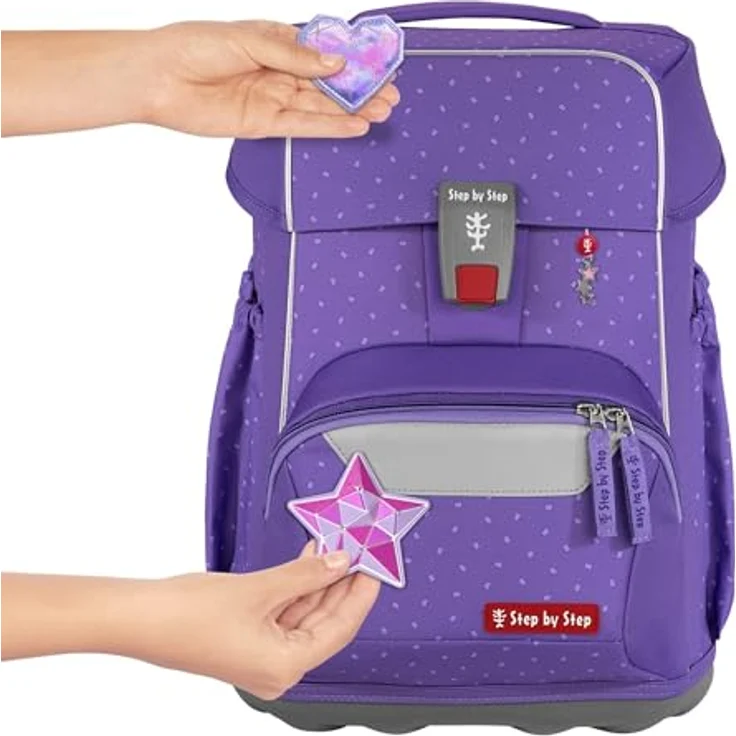 Step by Step Basis Schulranzen-Set „Purple Konfetti“, ergonomischer Tornister 20L mit Reflektoren, Hüft- und Brustgurt, 4-teilig, lila für Kinder ab der 1. Klasse – Bild 3