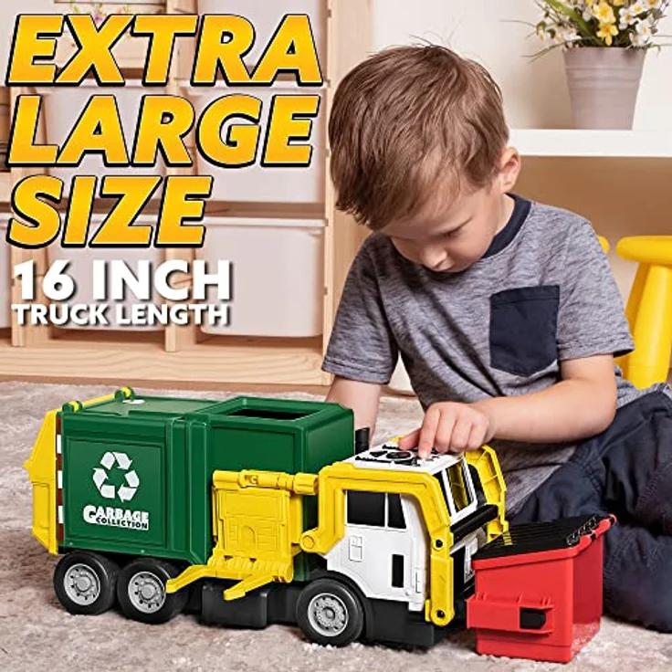 JOYIN Müllauto Spielzeug, großer Müllwagen mit Lichtern und Sound, 40 cm, inkl. Frontlader und 3 Mülleimern (Grün) – Bild 2