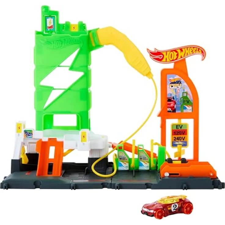 Hot Wheels City Super Recharge Tankstelle, interaktives Spielset mit umpositionierbarem Ladegriff und Platz für 10 Fahrzeuge, inklusive einem Hot Wheels Auto – Bild 1