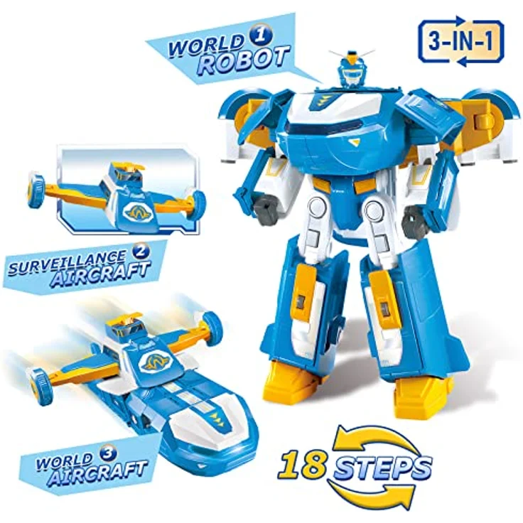 Super Wings 3-in-1 World Aircraft Transforming Robot mit Licht- und Soundeffekten, mit einem 2'' Transform-a-Bot Jett, Transformer-Spielzeug für Jungen und Mädchen ab 3+ Jahren – Bild 3