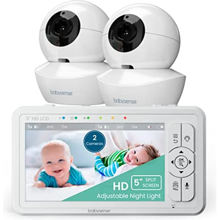 Babysense Babyphone HD 5 Zoll mit 2 Kameras, Video Babyphone ohne WLAN, Nachtlicht, Wiegenlieder, 300m Reichweite, Zwei-Wege-Audio, 4-facher Zoom, 4000mAh Akku – Bild 1
